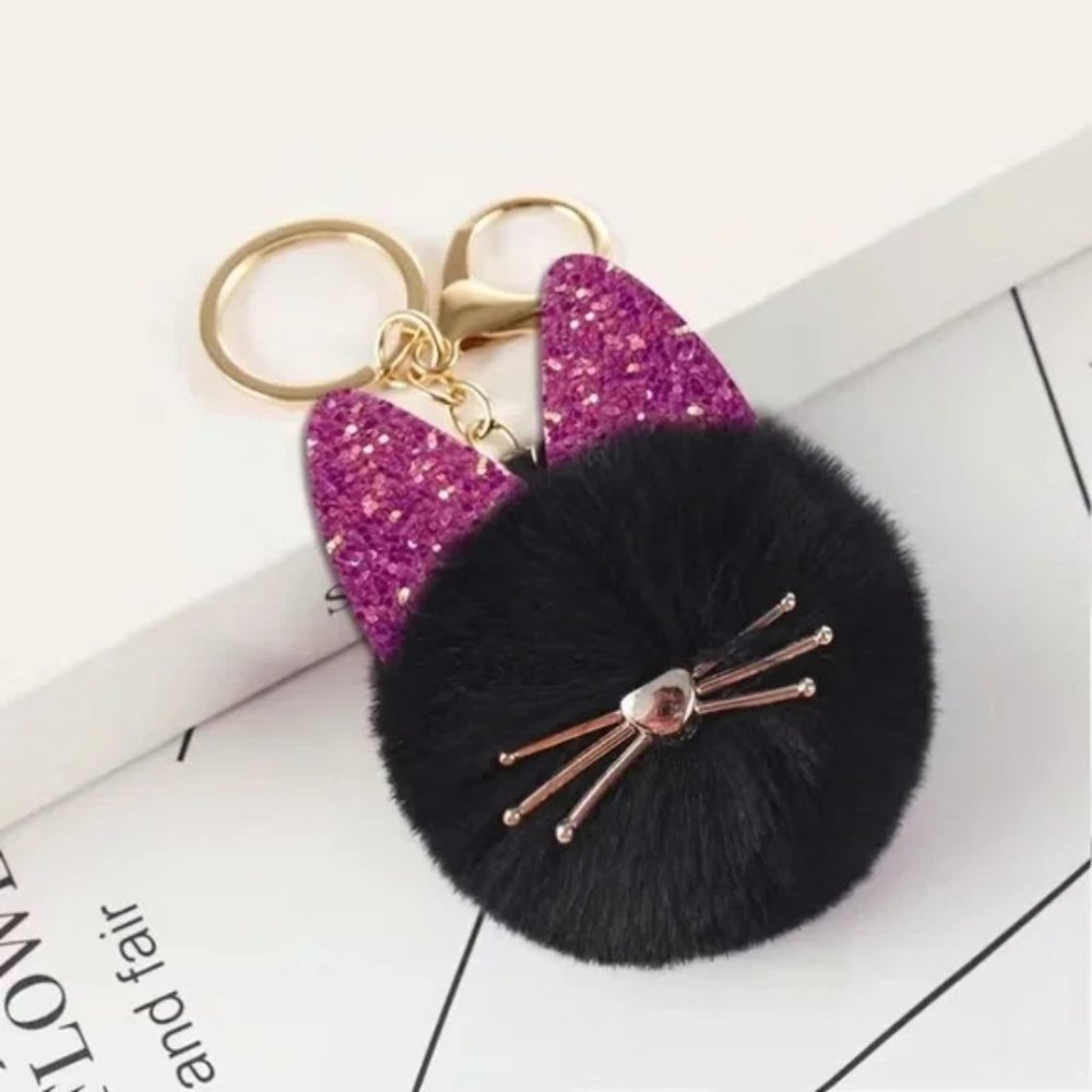 Pom Pom cat ear glittery keychain purse charm